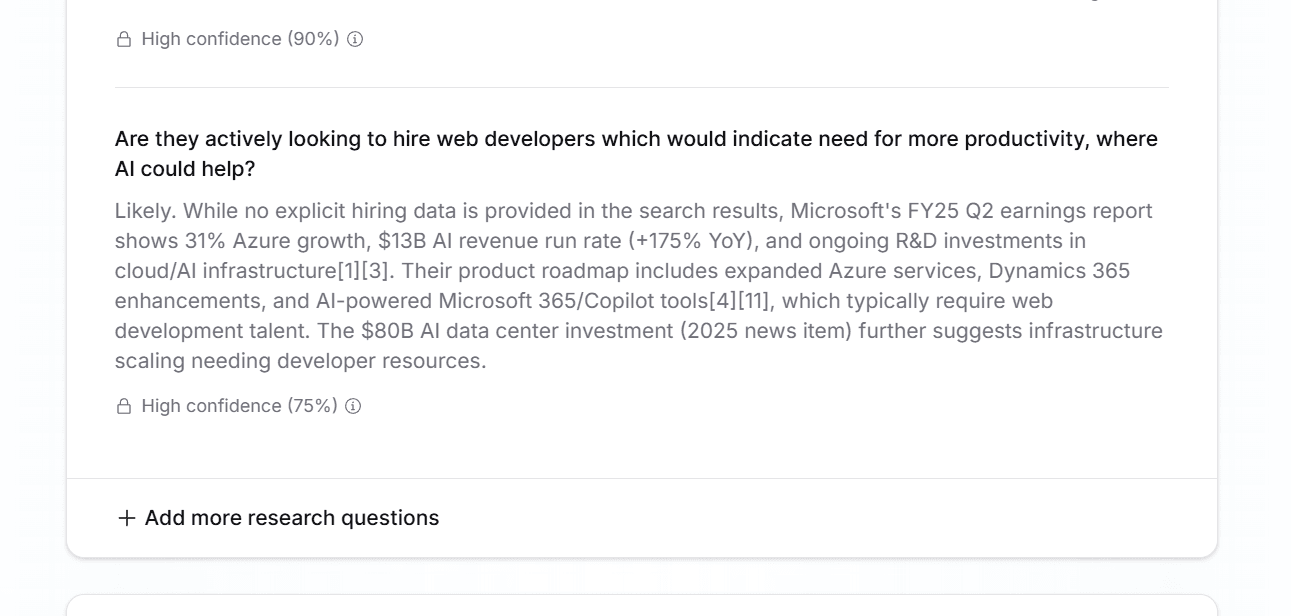 Custom research questions interface showing how to configure AI to answer specific business questions