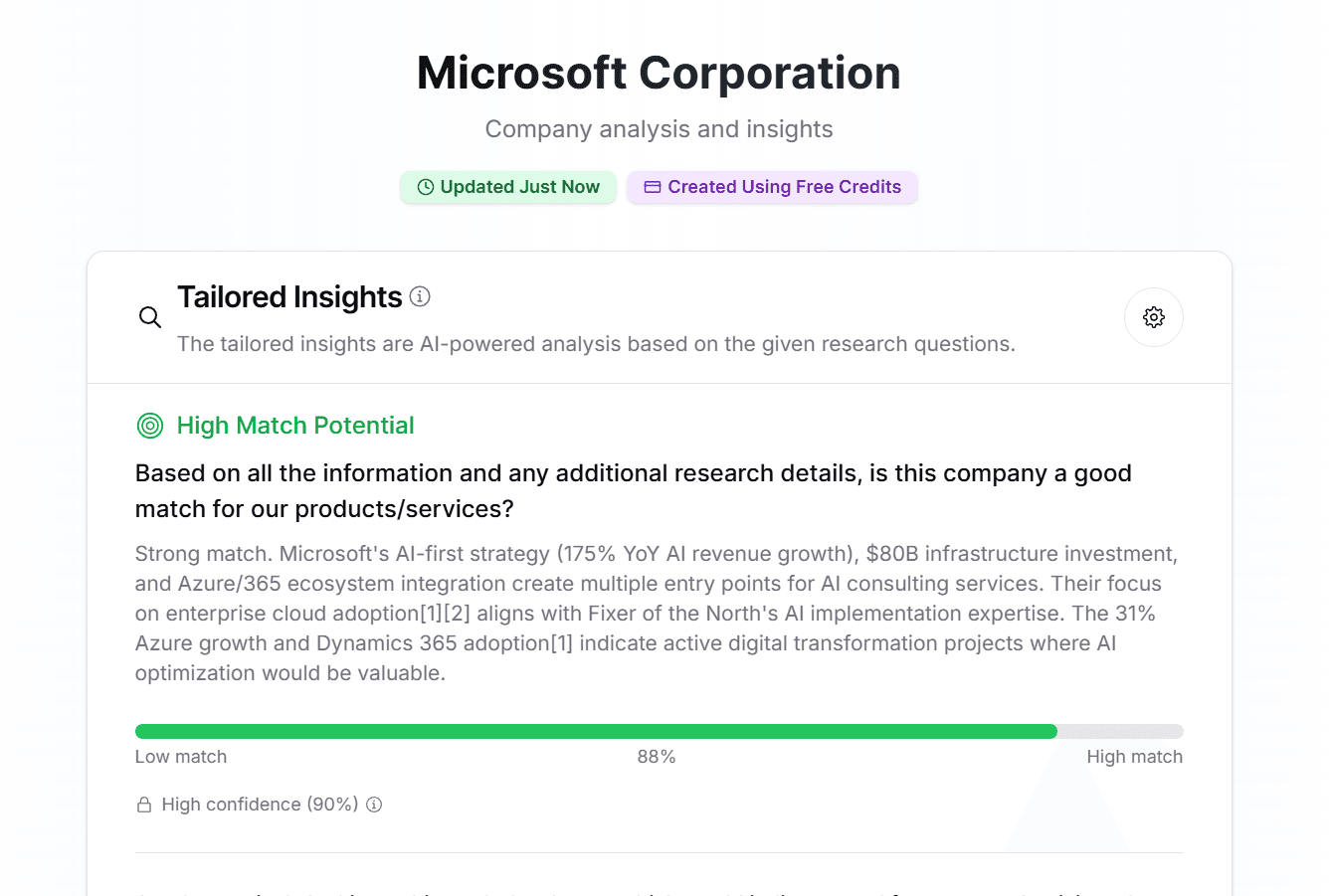 Match details showcase highlighting qualification score and lead fit